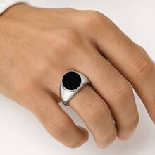 1pc Minimalist Alloy Silver Round Black Enamel Seal Ring Unisex Daily Wear - Silver - View 5
