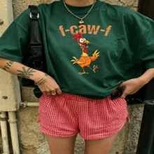 Cute Daily Casual Graphic T-Shirt 100% Cotton Oversized Soft Breathable Casual Crewneck Short Sleeve Top Red Checkered Shorts Street Style Fashion Lovers Casual Wearers Daily Outfit Enthusiasts Gift Givers - 綠色 - 查看 18