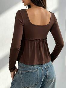 Chic Women's Long Sleeve Square Neck Peplum Blouse, Knitted Fabric With Regular Fit And Button Details, Perfect For Fall - Brown - View 2