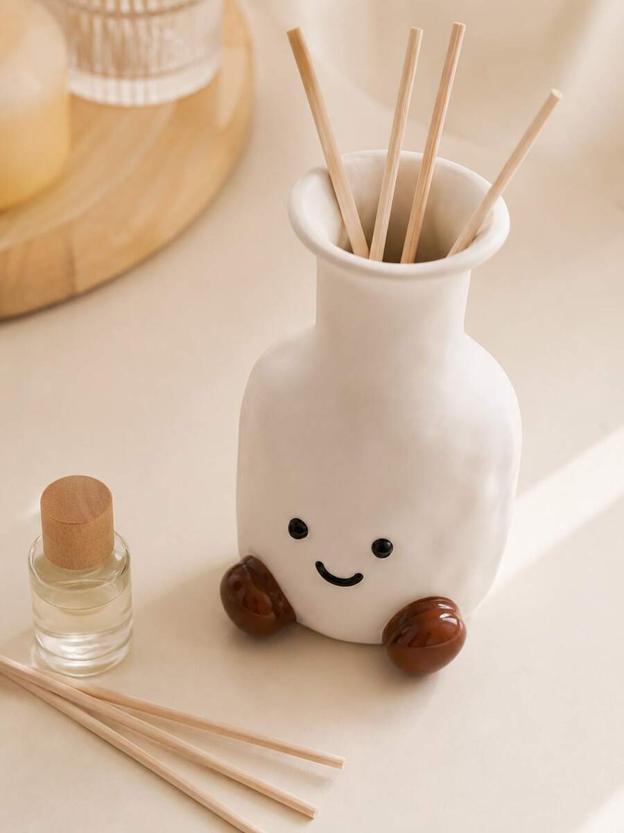 Ins Cute Cream Style 2 Sizes, Hand-Painted Wavy White Resin Vase With Smiling Face & Brown Feet, Dual-Use Reed Diffuser Container & Dried Flower Pot, Bedroom Desk Decor & Cute Birthday Gift - Face Aromatherapy Bottle - View 1