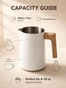 SMEGGEMS 350ML Milk Frothing Pitcher, Japanese Zen Style Wooden Handle Espresso Pot, Dual ML/OZ Scale Inside, Stainless Steel Pointed Spout Latte Art Milk Cup, Suitable For Baristas - White - View 8