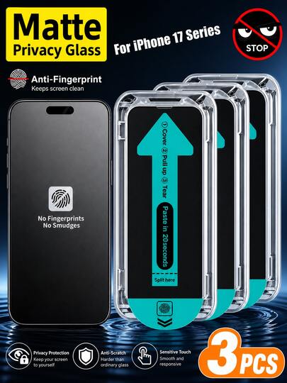 17 Pro Max 霧面防窺螢幕保護貼，全新強化一鍵式安裝，相容 iPhone 13 至 17 系列（含 Pro、Pro Max、Plus 及 Air 版本），具霧面邊緣與防眩光特性