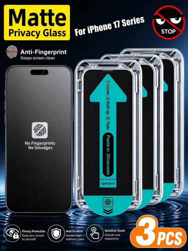 Protecteurs d'écran anti-espionnage mats pour iPhone 17 Pro Max, nouvellement améliorés pour une installation facile en un clic, compatibles avec 13 à 17 y compris les versions Pro, Pro Max, Plus et Air, les caractéristiques incluent une finition mate et des propriétés anti-reflets
