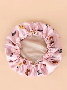1pc Elastic Satin Bonnet With Butterfly Print, High Elasticity Hair Protection Sleep Cap, Wide Brim Fashionable Sleeping Hat - Pink Butterfly + Gold - View 2