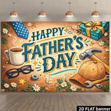 2D Flat Father's Day Cartoon Tool Hat Backdrop, Featuring A Hand-Drawn Cartoon Style With Blue-Green Gradient Font, Blue Polka-Dot Tie, And Workwear Elements, Paired With A Coffee Cup, Glasses, Hammer, Hat, And Gift Box. Made Of Durable Material - 彩色 - 查看 1
