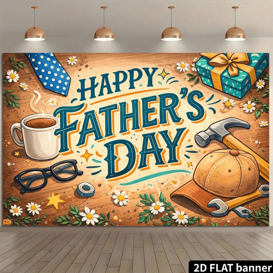 2D Flat Father's Day Cartoon Tool Hat Backdrop, Featuring A Hand-Drawn Cartoon Style With Blue-Green Gradient Font, Blue Polka-Dot Tie, And Workwear Elements, Paired With A Coffee Cup, Glasses, Hammer, Hat, And Gift Box. Made Of Durable Material - 彩色 - 查看 1