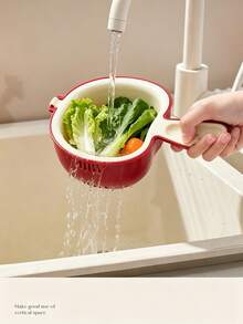 1pc Fruit Plate With Apple Colander Basket, Double-Layer Kitchen Fruit Washing Tool, Draining Basin, Dopamine Style New Handle Apple Colander Basket, Double-Layer Fruit Washing Tool, Exquisite Small Fruit Plate For Kitchen, Home And Living Room - Apple-shaped - View 7