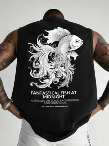 Playera Hombre Sin Mangas Patrón Inglés y Peces, Chaleco Deportivo para Gimnasio Ropa Casual - Negro - Ver 1