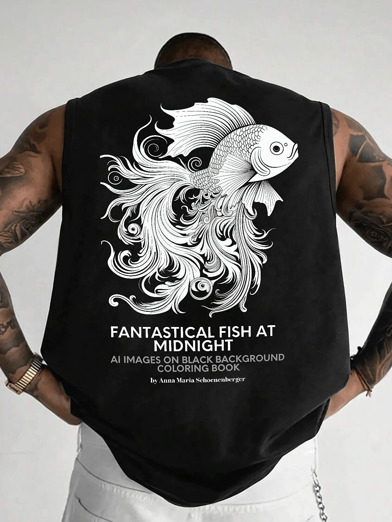 Playera Hombre Sin Mangas Patrón Inglés y Peces, Chaleco Deportivo para Gimnasio Ropa Casual - Negro - Ver 1