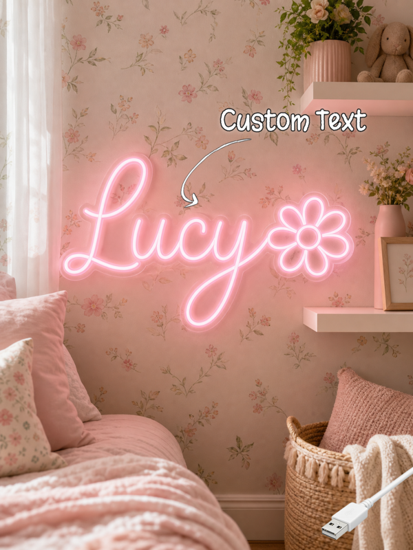 Placa de Neon Personalizada com Nome Margarida, Neon de Parede LED USB Personalizado, Decoração de Parede Floral Boho para Quarto de Meninas, Presente Ideal para Chá de Bebê e Aniversário de Recém-Nascido