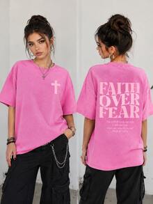 Psalm 118:6 Faith Over Fear Shirt Pink Cross Graphic Vintage Washed Christian Streetwear Church Outfit, Womens Washed T-Shirt,Vacation Outfits Women - 玫紅1 - 查看 1