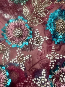 女款紫色亮片刺繡阿拉伯風長洋裝，立領、插肩袖，高彈性舒適晚禮服 - 紅木色 - 查看 7