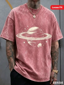 Men's Dark Gray Saturn And Star Print T-Shirt - Soft Stretch Knit Fabric, Space-Themed Crew Neck Short Sleeve, Street Style Versatile - 紅色 - 查看 9