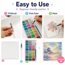24 Color Pearl Watercolor Paint Set+Water Injectable Pen+25 Sheets Of 10 * 10cm Lace Tearable Thick Painting Paper - Advanced Flash, Rich Color Rendering, Hard Card Painting Paper, Mini Creative Painting Set - Starlight + Fountain Pen + 25mm Drawing Paper - View 5