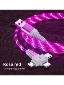 Glowing LED 3-In-1 Braided Fast Charging Cable, Multi Port USB-C/Lightning/Micro USB Cord, High Speed Charge & Data Sync For IPhone 17/16/15 Series Compatible With Samsung Galaxy, Ideal For Home Office Travel, Perfect Holiday Gift - Hot Pink - View 1