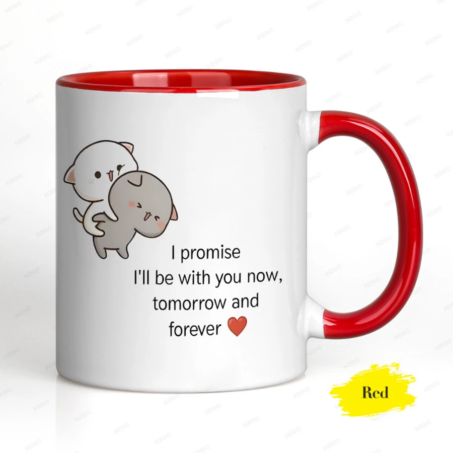 Ceramic Mug With A Cute Design Of A Pair Of Cats Hugging, Meaningful Quote, Minimalist Aesthetic, Ideal As An Affordable Birthday Gift For Everyday Use. - 紅色 - 查看 1