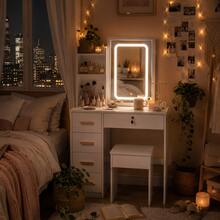White Vanity Desk Set With Sliding Mirror & Matching Stool, 5 Drawers, Lockable Drawer, Hidden Storage Shelves, Compact Makeup Table For Bedroom, Perfect Gift For Girls & Women - 白色 - 查看 3