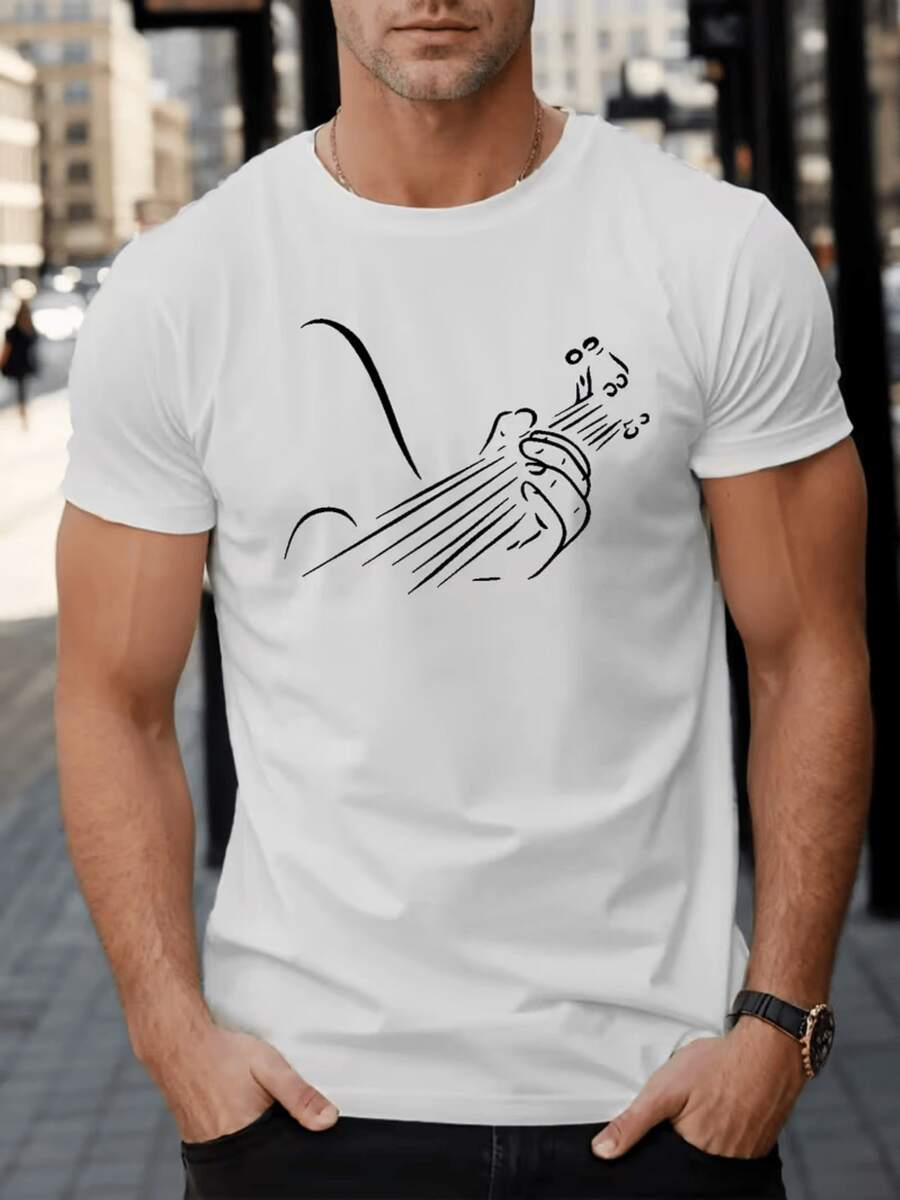 Trazos minimalistas que representan la pasión y armonía de tocar guitarra mostrando el arte de la música en movimiento camiseta de hombre moderna elegante casual - Blanco - Ver 1