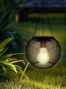 Vintage Black Mesh Sphere Solar Pendant Light, Waterproof LED Solar Hanging Lamp, Automatic Light Control Iron Cage Lantern, Suitable For Garden, Patio, Yard, Balcony, Lawn, Wedding, Christmas Outdoor Decor, Solar Powered Lighting Gift - 1Pc Black - View 3