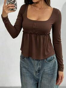 Chic Women's Long Sleeve Square Neck Peplum Blouse, Knitted Fabric With Regular Fit And Button Details, Perfect For Fall - Brown - View 3