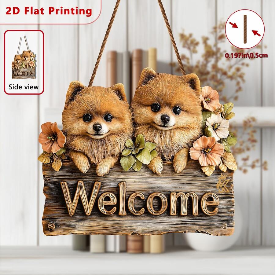 2D Flat 1pc Bohemian Style Pomeranian Welcome Sign - Wooden Wall Hanging Decor Suitable For Dog Themed Decoration With Pomeranian Pattern Asymmetrical Shape Fits Narrow Space Pet Owner Holiday Gift 2D Flat - Multicolor - View 1