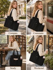 Multifunctional Canvas Bag, Multi-Pocket Large Capacity Solid Color, Suitable For Casual Shoulder Tote Bag Handbag, Applicable For School, Work, Travel - Multicolor - View 12