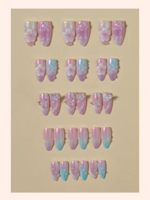 Y2K 花卉壓克力美甲貼片 10片/包，全息中長杏仁形穿戴甲，DIY 3D 極光藝術假指甲套組，附蝴蝶結與星星裝飾，適合女性派對、美甲藝術與美甲沙龍用品 - 彩色 - 查看 2