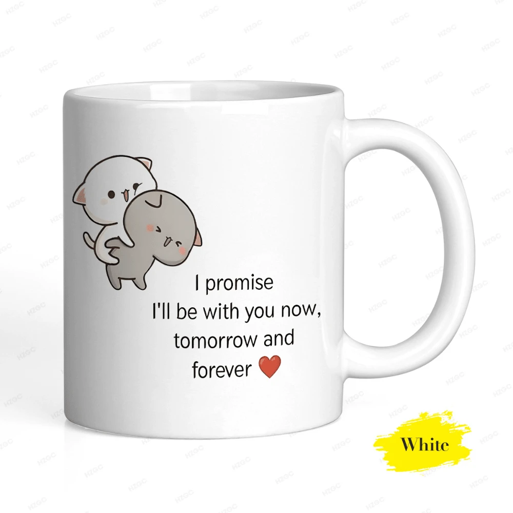 Ceramic Mug With A Cute Design Of A Pair Of Cats Hugging, Meaningful Quote, Minimalist Aesthetic, Ideal As An Affordable Birthday Gift For Everyday Use. - 白色 - 查看 1