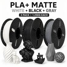 PLA+ 3D Printer Filament 1.75mm, Matte White Black Gray 3-Spool Combo, 1.25kg Each, Neatly Wound, Smooth Feeding, Low Warping, Designed To Reduce Clogs, Compatible With Most FDM 3D Printers - View 2