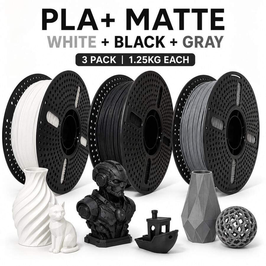 PLA+ 3D Printer Filament 1.75mm, Matte White Black Gray 3-Spool Combo, 1.25kg Each, Neatly Wound, Smooth Feeding, Low Warping, Designed To Reduce Clogs, Compatible With Most FDM 3D Printers