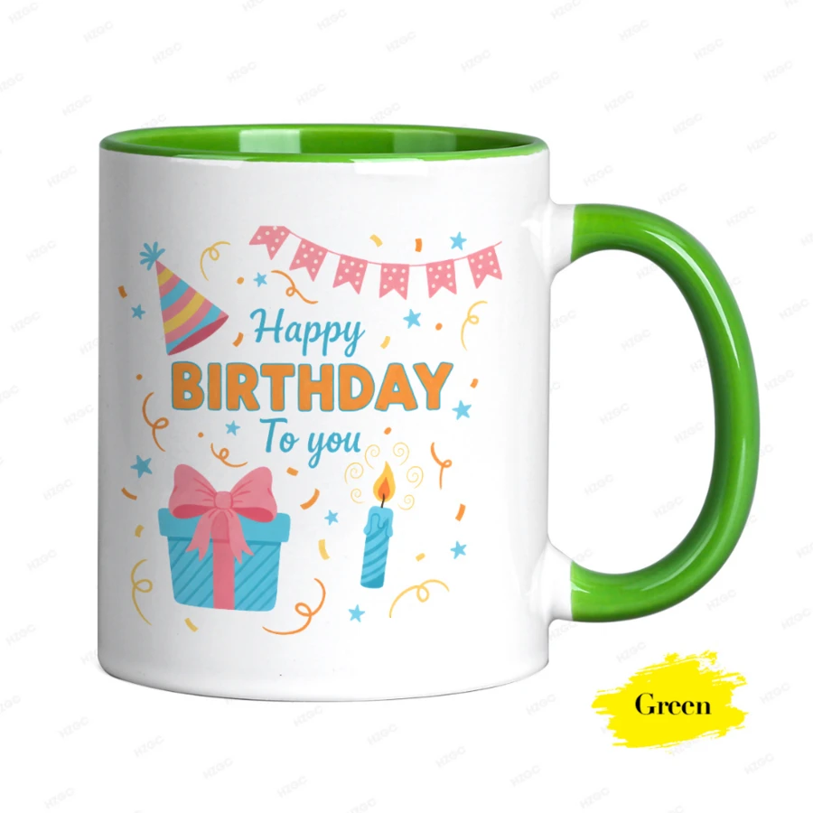 Taza de café de cerámica con estampado colorido para fiesta de cumpleaños, con caja de regalo festiva, vela y sombrero. Estilo minimalista y estético. Taza de regalo de cumpleaños asequible. - Verde - Ver 1