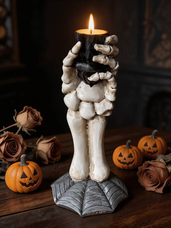 1pc Unique Skeleton Hand Spider Web Bone White & Black Candle Holder, Decorative Ornament, Desktop Decor, Suitable For Bedroom Accent, Living Room Decoration, Office, Halloween Party, Gothic Interior, Dining Table Centerpiece, Holiday Decoration, Creating A Cozy And Mysterious Atmosphere