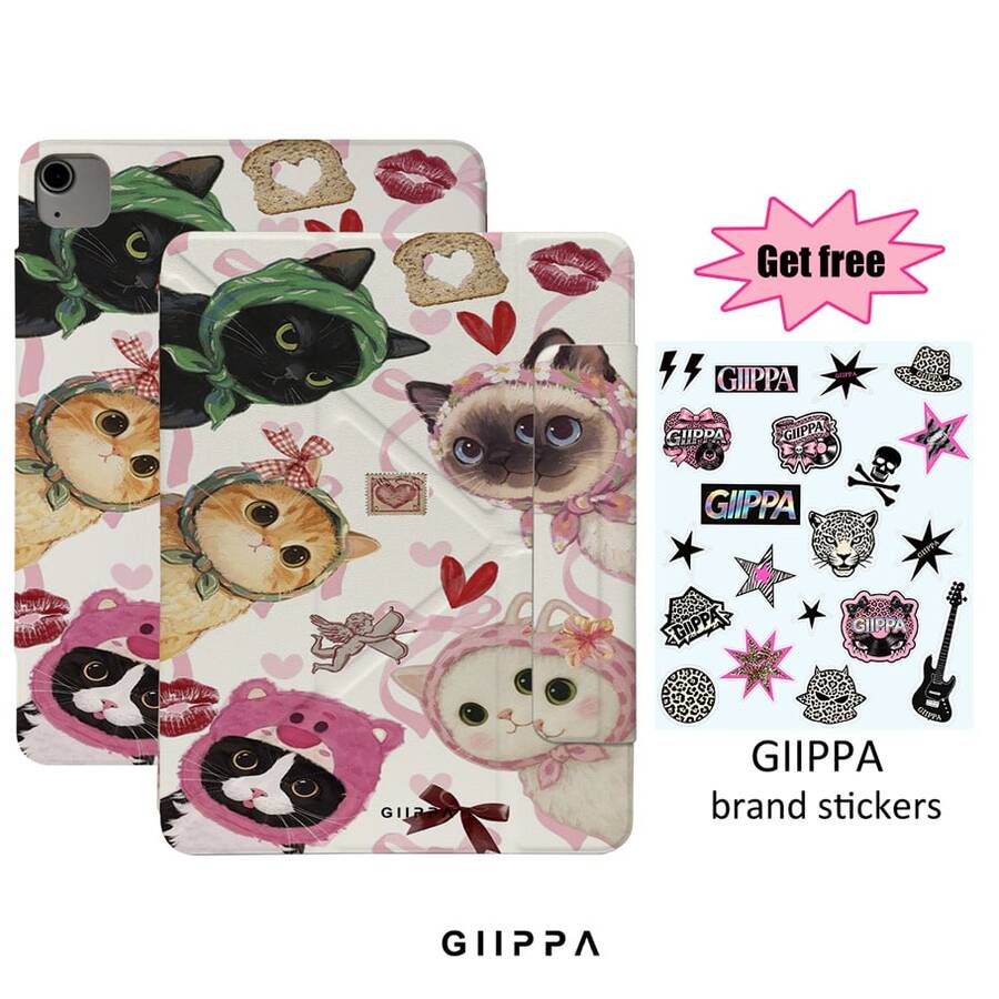 GIIPPA 1pc Cute Scarf Kitten Heart Lips Toast Cupid Print Protective Case, Comes With Stickers, Perfect Valentine's Day Gift, Magnetic Detachable Y-Fold Shockproof Cover, With Pen Slot, Compatible With IPad Mini 6/7, Air 2/3/4/5/11/13" (M2/M3 2024-2025), 5/6/7/8/9/10/11th Gen, Pro 10.5/11/12.9" (2017-2025), Japanese Cute Sweet Vintage Pastoral Style - Multicolor - View 1