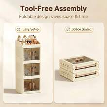 2/3 Layer Cream Style Cosmetic Storage Organizer, Foldable No Assembly Dustproof Waterproof With Lid Makeup Cabinet, For Vanity Bathroom Desk Kitchen Room, Ideal For Makeup Lovers College Students, Perfect Holiday Gift - Apricot 3 Layers - View 6