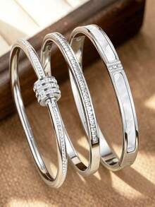 3/1 Pc High Quality Stainless Steel Flower Zirconia Women's Bracelet, Feminine Design, Four-Leaf Clover Zirconia Bracelet, Jewelry Accessory Gift, High Quality Jewelry, Women's Bracelet Accessory, Women's Stainless Steel Bracelet, Women's Western Style Jewelry, Suitable For Beach/Vacation/Holiday/Daily/Casual - Silver - View 1