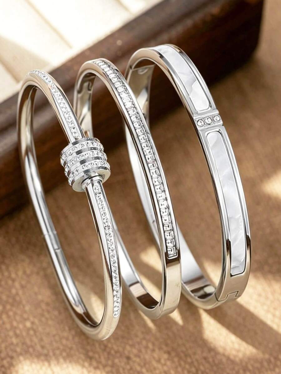 3/1 Pc High Quality Stainless Steel Flower Zirconia Women's Bracelet, Feminine Design, Four-Leaf Clover Zirconia Bracelet, Jewelry Accessory Gift, High Quality Jewelry, Women's Bracelet Accessory, Women's Stainless Steel Bracelet, Women's Western Style Jewelry, Suitable For Beach/Vacation/Holiday/Daily/Casual - Silver - View 1