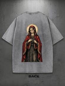Vintage Wash Tee | Sacred Heart & Virgin Mary Graphic, Y2K Religious Aesthetic, Versatile Daily Wear, Great Personalized Gifts, Men's Summer Apparel - 灰色 - 查看 3