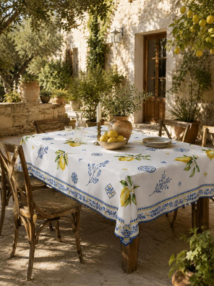 Mediterranean Lemon Waterproof Rectangular Blue & White Tile Pattern Tablecloth, Water-Repellent Stain-Resistant Washable Polyester Material, Suitable For Outdoor Garden Dining, Summer Picnic Party, Kitchen, Country Farmhouse Style Holiday Coffee Dinner Table Decor - Multicolor - View 1