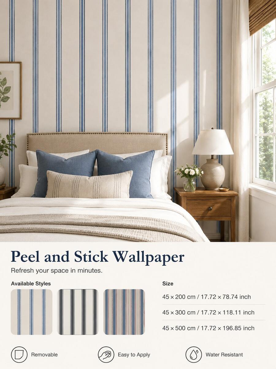 SUPSTICKER 1pc Multicolor Vintage Striped Self-Adhesive Wallpaper, Waterproof Removable PVC Wall Decor, Suitable For Bedroom, Kids Room, Study, 3 Sizes - Multicolor - View 1
