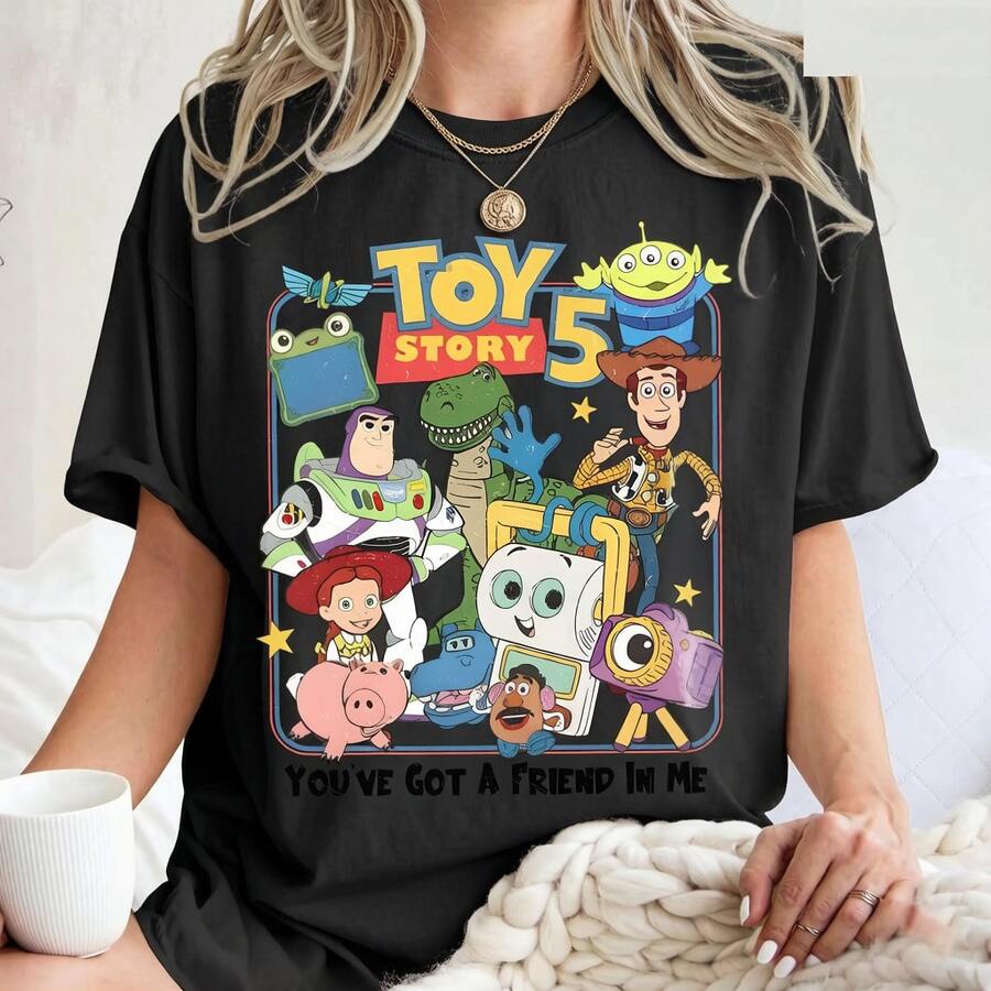,Loose Fit Unisex Pure Cotton T-Shirt, Disney Toy Story Tee Featuring Woody Buzz And Friends With Retro "Toy Story 5" Logo Casual Daily Short Sleeve - 黑色 - 查看 1