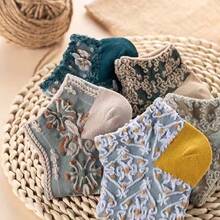 5 pares de calcetines cortos vintage con estampado floral jacquard, calcetines de corte bajo estilo bohemio casual para mujer - Multicolor - Ver 3
