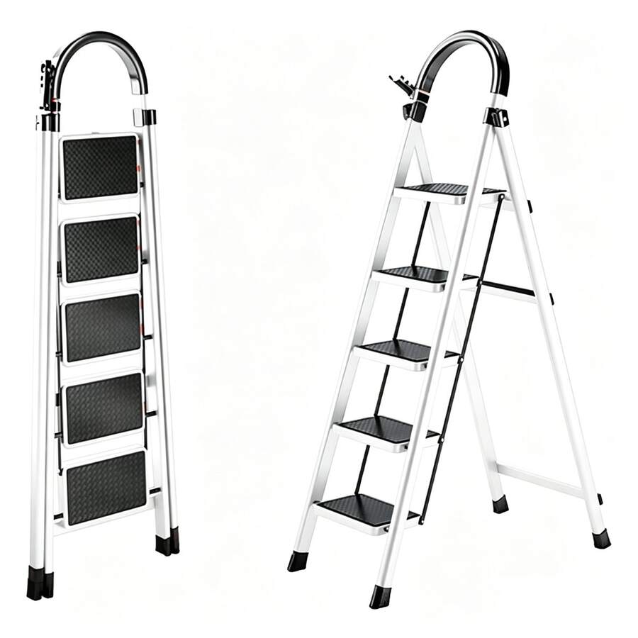 Portable 5-Step Tubular Folding Ladder - White - View 1