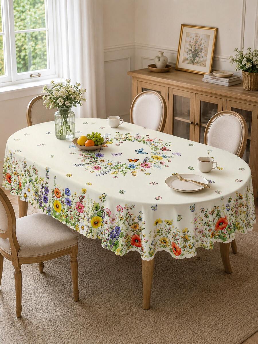 1pc Pastoral Wildflower & Butterfly Print Tablecloth, Off-White Background With Colorful Floral Pattern, Scalloped Wavy Edge, Suitable For Kitchen, Dining Room, Outdoor Picnic, Spring/Summer Party, Home Decor - Multicolor - View 1