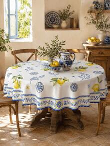 Mediterranean Lemon Waterproof Rectangular Blue & White Tile Pattern Tablecloth, Water-Repellent Stain-Resistant Washable Polyester Material, Suitable For Outdoor Garden Dining, Summer Picnic Party, Kitchen, Country Farmhouse Style Holiday Coffee Dinner Table Decor - Multicolor - View 2