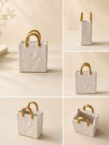 Resin Handbag Shaped Vase, White Flower Pot With Gold Handle, Modern Indoor Plant Pot, Home Office Living Room Decor, Elegant Desktop Ornament - Platinum Handbag - View 5