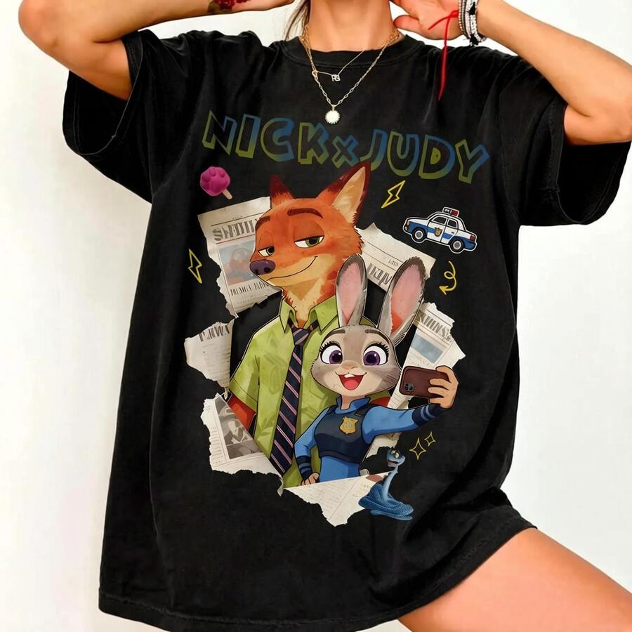 Loose Fit Unisex Pure Cotton T-Shirt, Disney Zootopia Nick Wilde & Judy Hopps Tee Featuring Retro Newspaper And Police Car Accents Casual Daily Short - Black - View 1