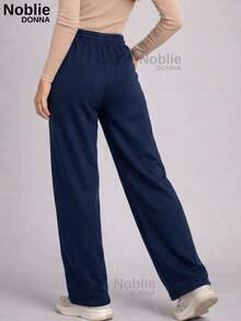 Women's Comfortable Wide Leg Wool Pants, Loose Fit, High Waist, Casual, For Everyday Wear. - Navy Blue - View 3