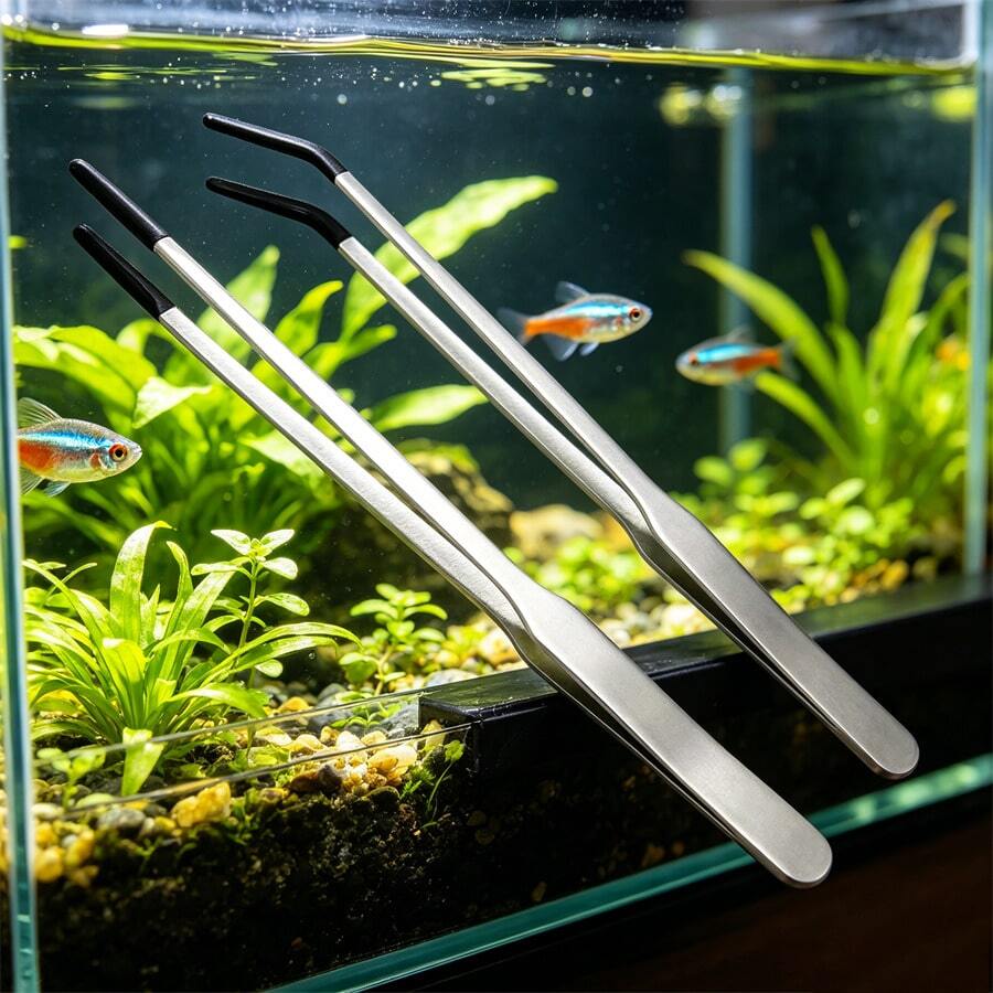 水族造景必備 25cm/9.84IN 直頭水族修剪工具 24cm/9.65IN 彎頭不鏽鋼水草鑷子 水草種植工具 水族清潔套組 爬蟲蜥蜴餵食夾附PVC保護套 - C-銀色 - 查看 1
