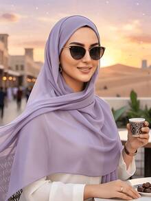1 Peça Lenço Hijab de Chiffon de Cor Sólida para Mulheres, Lenço de Cabeça Simples, Elegante e da Moda - Malva - Visão 1