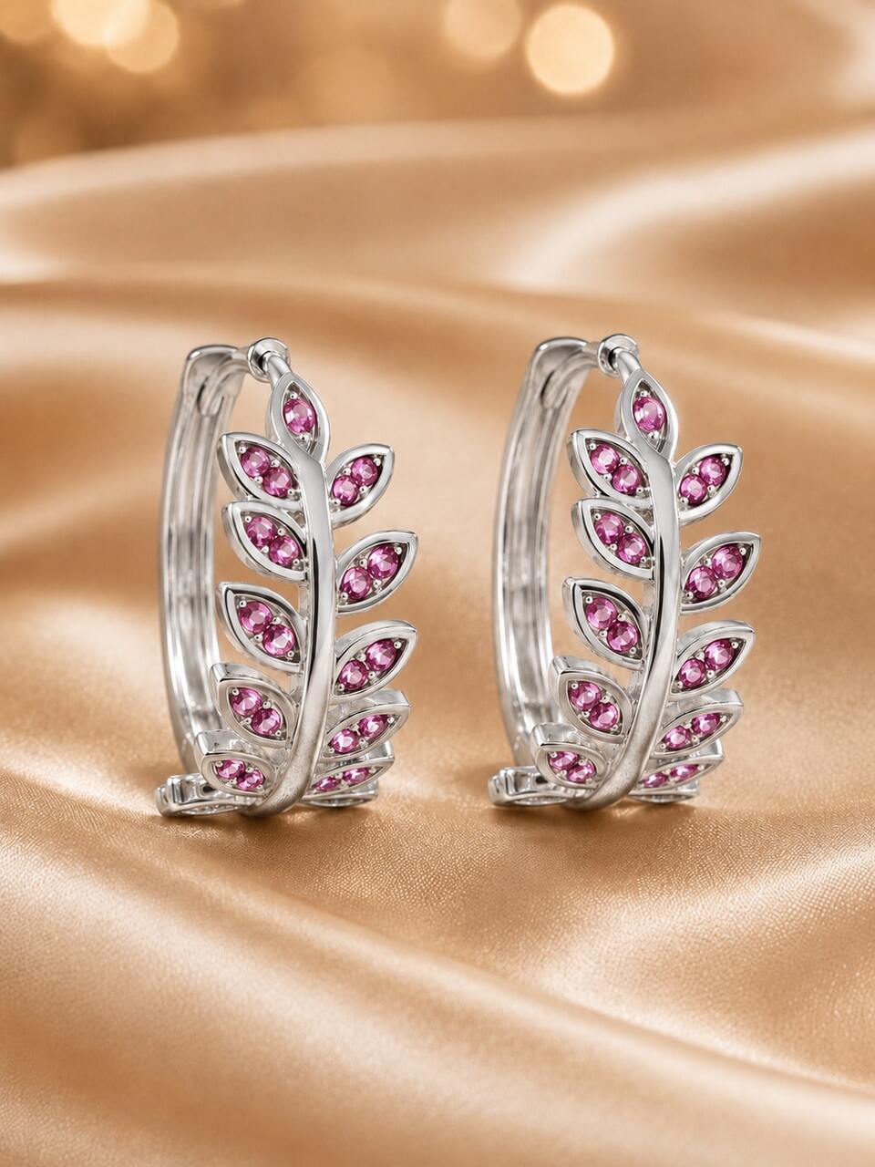 Cubic Zirconia Leaf Decor Hoop Earrings